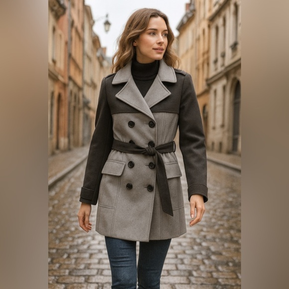 Paris Blues Coat Gray Contrast Wool Blend Belted Winter Coat NWT L #1444